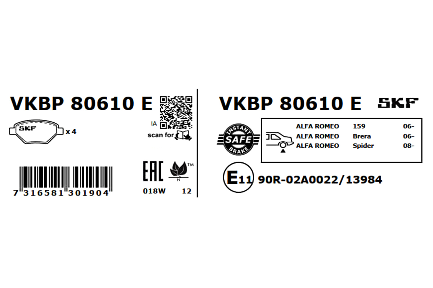 SKF VKBP 80610 E Bremsbelagsatz, Scheibenbremse
